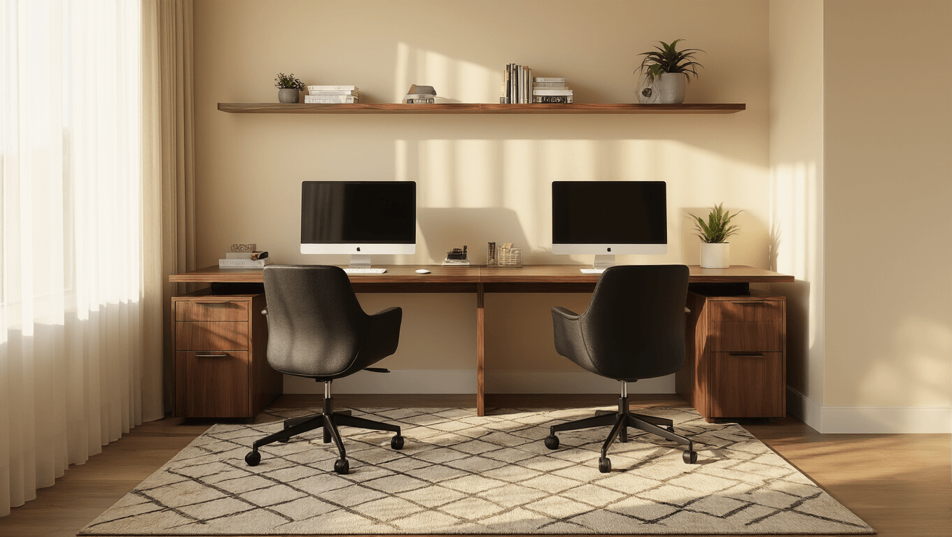 Cinematic interior of a compact home office featuring an L-shaped walnut desk, warm golden hour lighting, ergonomic black chairs, dual monitor setups, organized cable management, floating shelves with books and plants, and a geometric area rug.