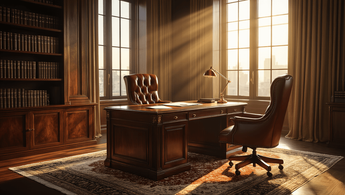 Luxurious corner office featuring a solid walnut executive desk, cognac leather chair, warm golden hour sunlight, and rich textures, creating an inviting professional workspace.