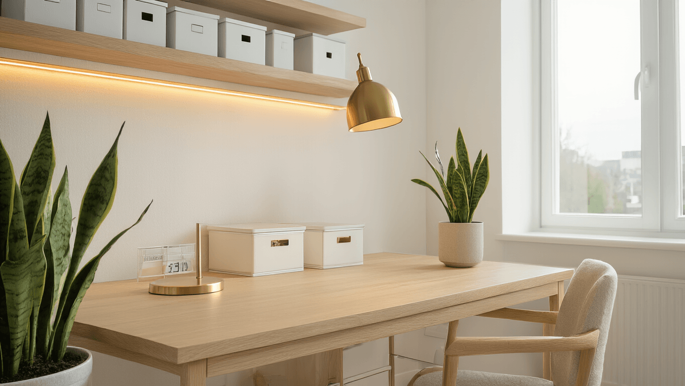 Minimalist home office with a light oak desk, brass banker's lamp, and snake plant, featuring organized white storage containers and serene natural lighting through a large window, complemented by warm amber LED strip lighting and a cozy Scandinavian aesthetic.
