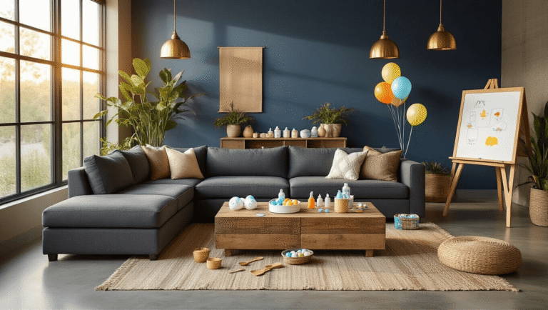 Modern living room setup for a co-ed baby shower with charcoal sectional sofa, game stations on a reclaimed wood coffee table, diaper pong, colorful balloons, and warm golden hour lighting, featuring neutral rugs and a navy accent wall.