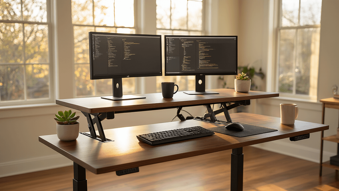 A modern electric standing desk with a walnut wood grain surface, dual monitors, an ergonomic keyboard and mouse, and a steaming coffee mug, all bathed in warm afternoon light in a stylish home office.