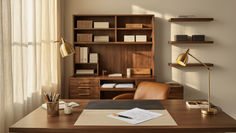 A modern home office desk with walnut shelving and organized supplies, featuring warm golden hour lighting, a cognac leather document sorter, and a marble pen holder, creating an inviting and productive workspace atmosphere.