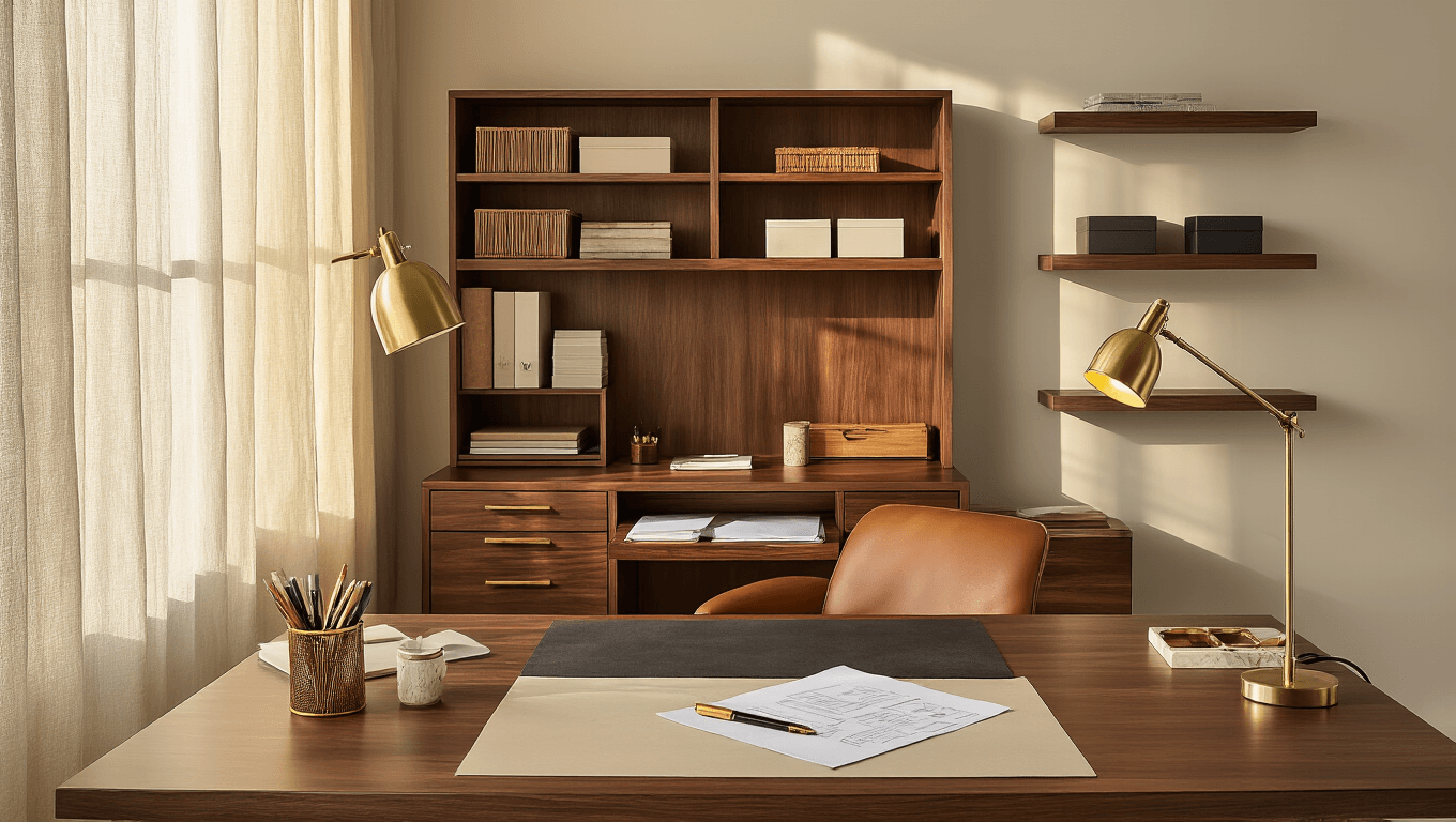 A modern home office desk with walnut shelving and organized supplies, featuring warm golden hour lighting, a cognac leather document sorter, and a marble pen holder, creating an inviting and productive workspace atmosphere.
