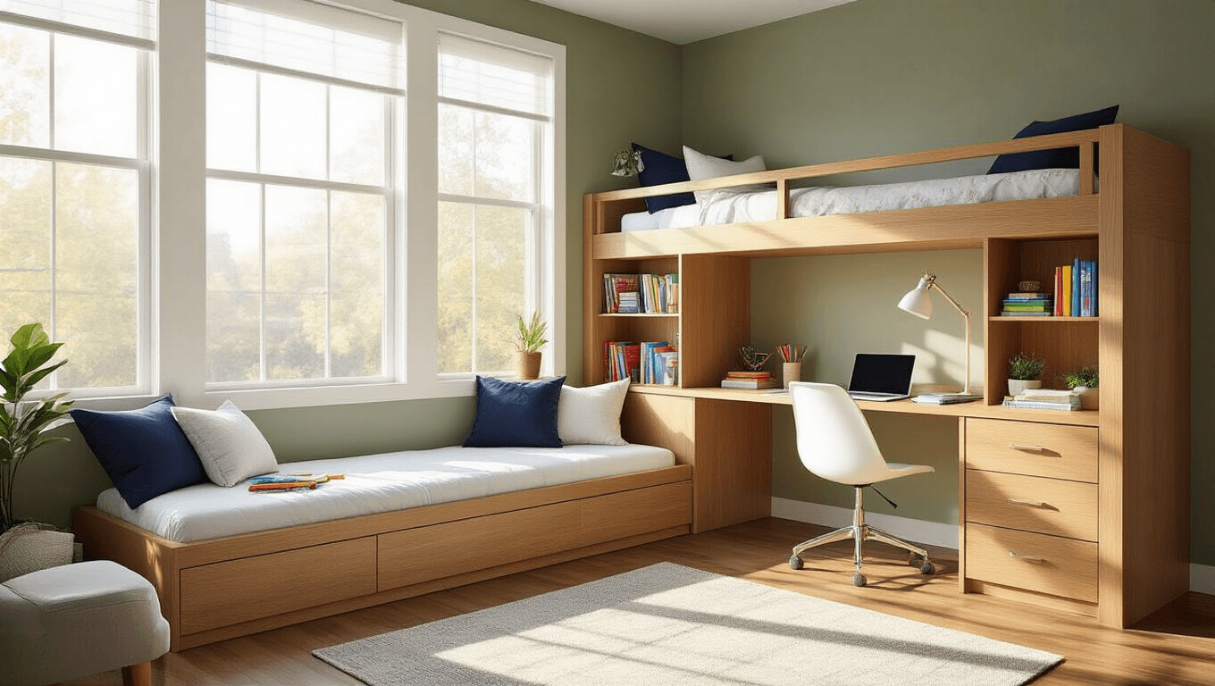 A modern L-shaped loft bunk bed with an integrated desk in warm oak, illuminated by afternoon sunlight, featuring polished hardwood floors, ergonomic chair, organized workspace, built-in shelving, cozy reading nook, and a serene sage green wall backdrop.