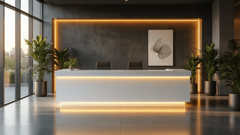 A sleek L-shaped white high-gloss reception desk with brushed steel accents in a bright corporate lobby, illuminated by golden hour sunlight and framed by contemporary artwork and greenery.