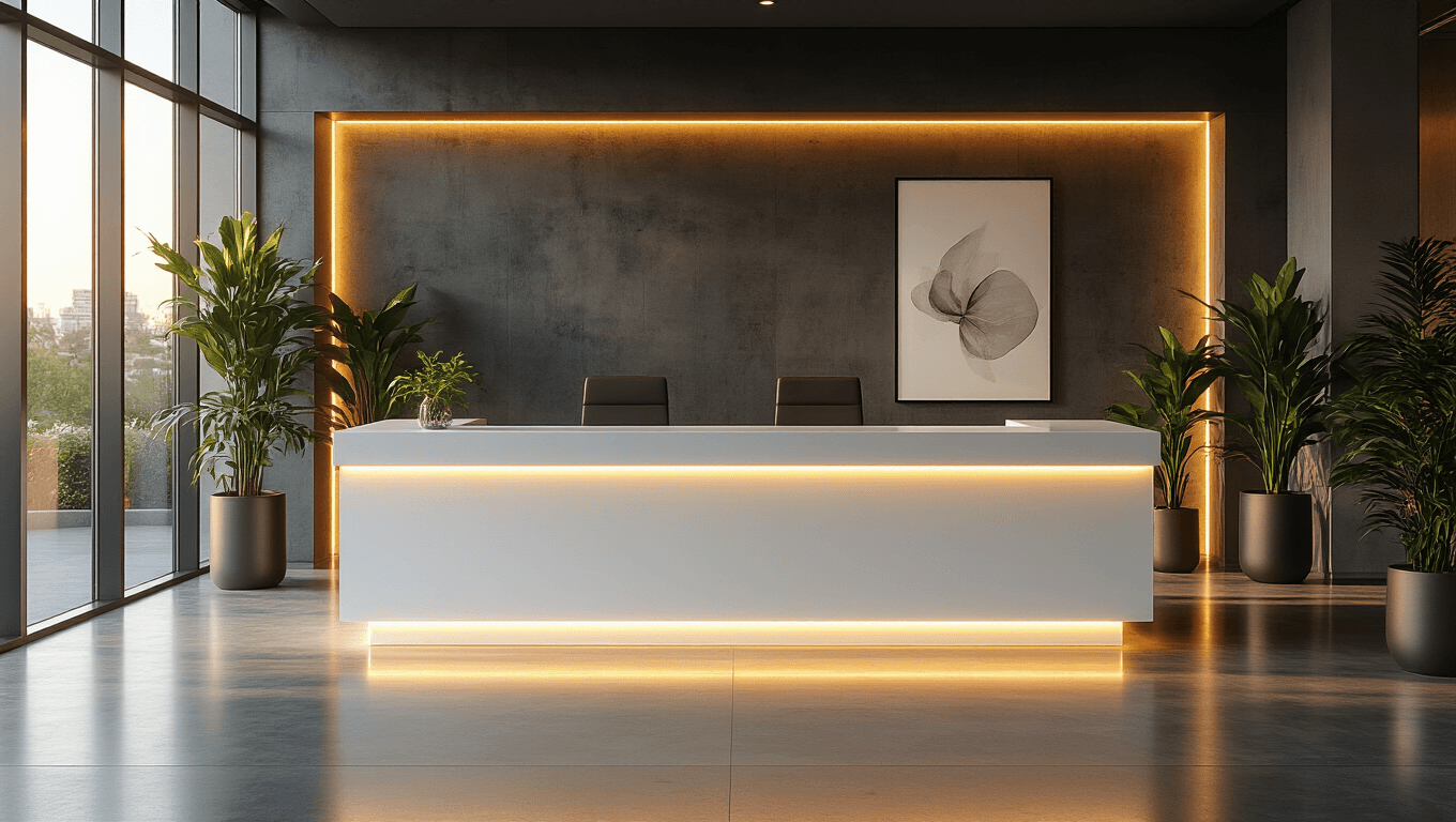 A sleek L-shaped white high-gloss reception desk with brushed steel accents in a bright corporate lobby, illuminated by golden hour sunlight and framed by contemporary artwork and greenery.