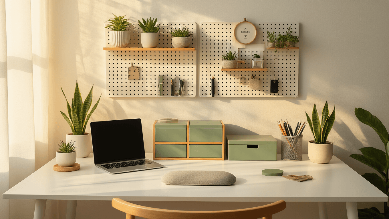Cinematic overhead view of a modern study desk setup featuring warm golden hour lighting, a bamboo laptop stand, sage green storage boxes, and a clear acrylic pen organizer. A wall-mounted pegboard displays small potted snake plants and motivational prints, while a cloud-shaped wrist rest, scattered washi tape, and air plants add character. Soft morning light filters through sheer curtains, enhancing the inviting atmosphere. The color palette includes whites, sage greens, and natural wood tones, creating an organized and productive ambiance.