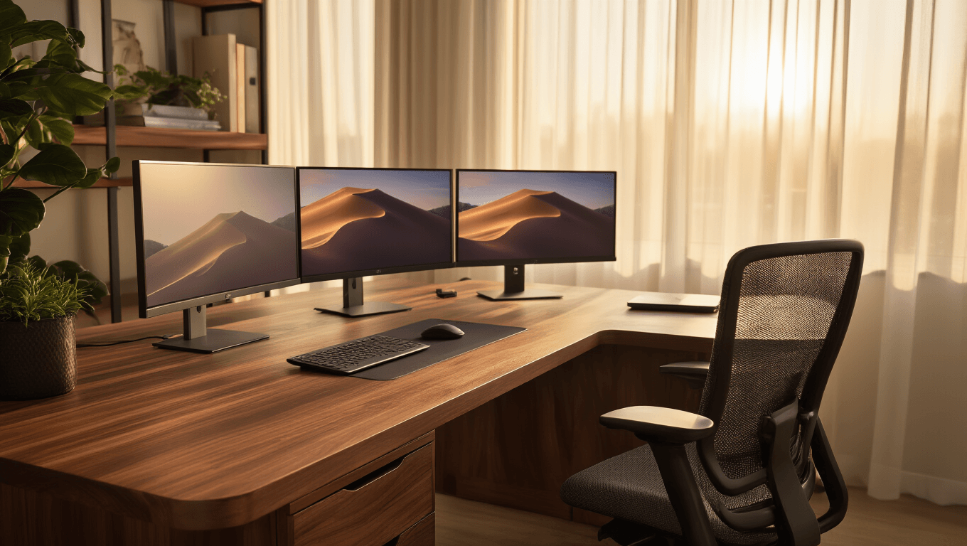 Modern walnut L-shaped desk with dual monitors, ergonomic chair, and organized cable management, bathed in warm morning light with a focus on rich wood textures and soothing workspace ambiance.