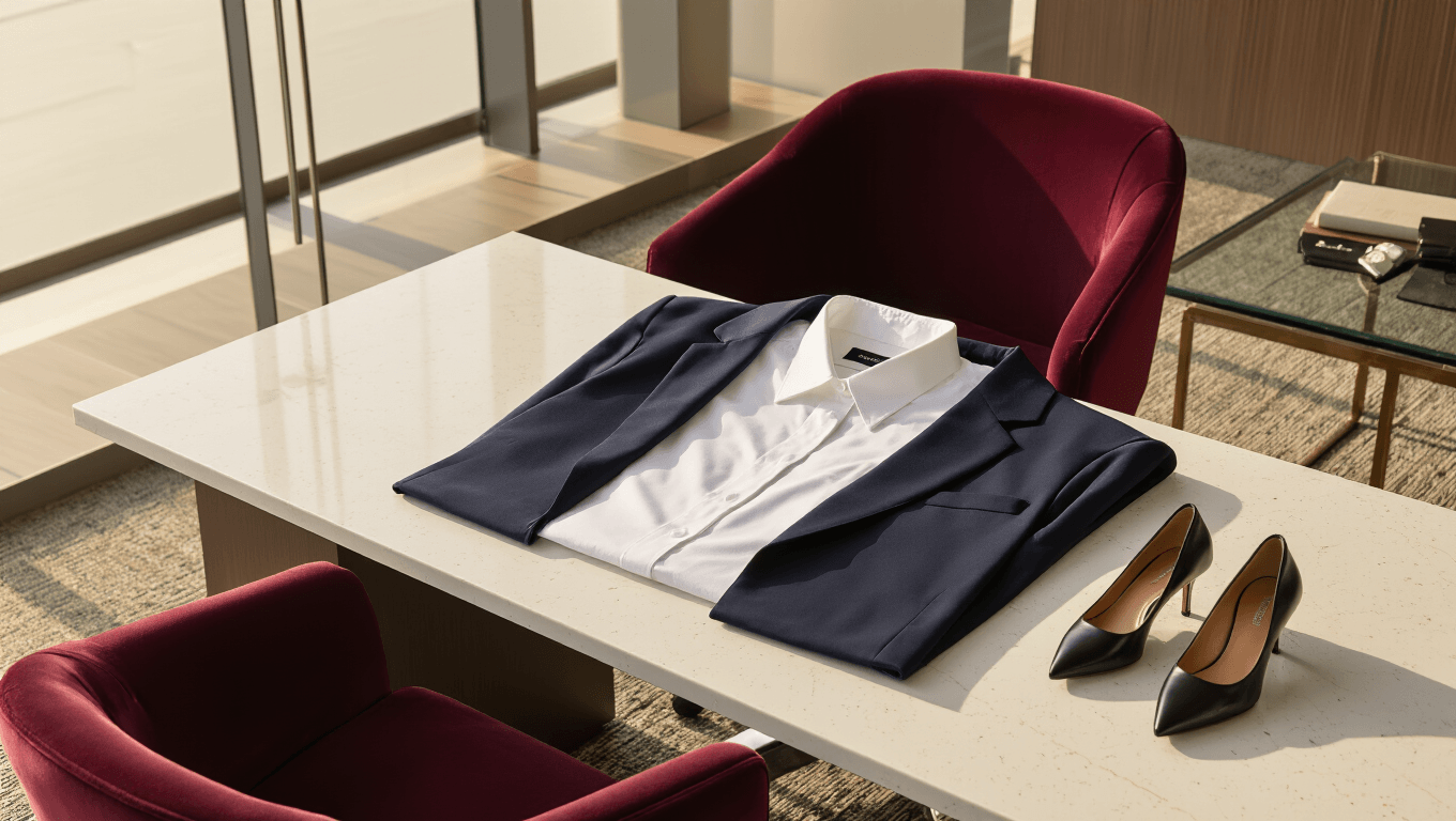 Elegant professional receptionist attire elegantly arranged on a sleek charcoal desk, featuring a navy blazer, crisp white blouse, and charcoal dress pants, with warm golden hour lighting highlighting textures and accessories.