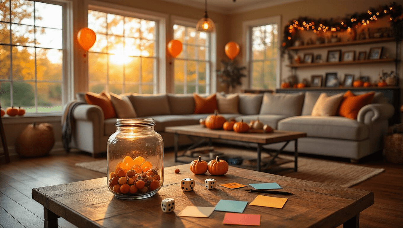 Cinematic wide shot of a cozy autumn-themed family game room featuring a gratitude jar, game materials, warm lighting, and seasonal decorations.