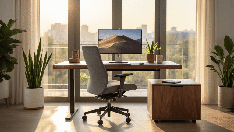 Professional home office featuring a walnut sit-stand desk, ergonomic gray chair, 27-inch monitor, organized cables, leather desk mat, potted snake plant, warm sunlight, minimalist accessories, and inviting atmosphere.