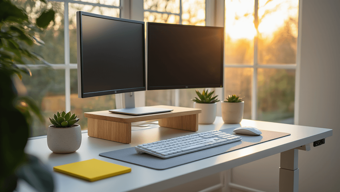 Cinematic wide-angle shot of a minimalist white electric standing desk setup featuring a mechanical keyboard, wireless mouse, and a black monitor on a wooden riser, enhanced by warm golden light and subtle blue ambient glow.