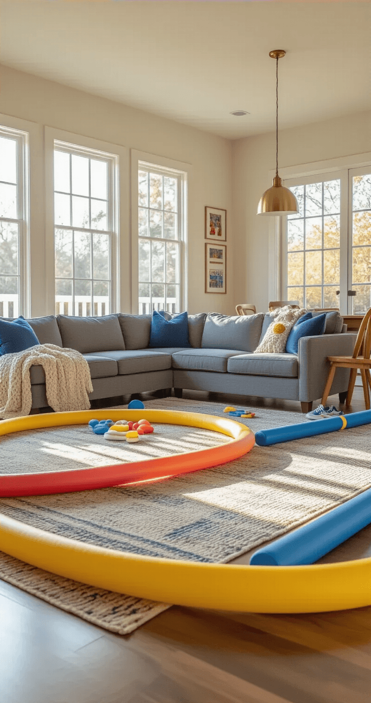 A modern living room converted into a children's obstacle course, featuring a gray sectional sofa, colorful foam pool noodles, and cozy blankets as tunnels, illuminated by warm afternoon light streaming through large windows.