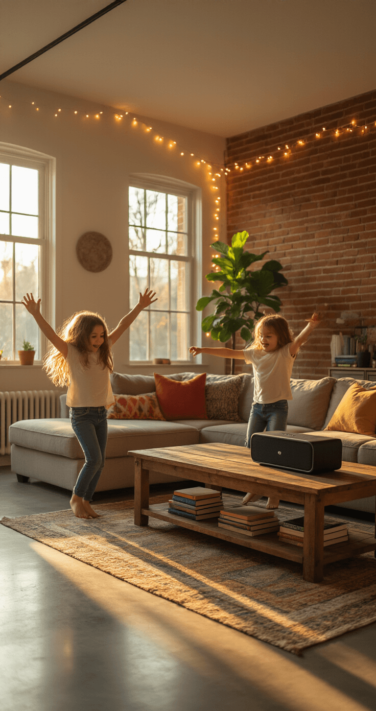 A lively family room scene during golden hour, featuring children frozen mid-dance on polished concrete floors, arms outstretched. A Bluetooth speaker sits on a reclaimed wood coffee table, surrounded by fairy lights on an exposed brick wall. The warm lighting highlights a cozy sectional, colorful throw pillows, stacked hardcover books, and a potted fiddle leaf fig in the corner. The room is styled for comfort and safety.