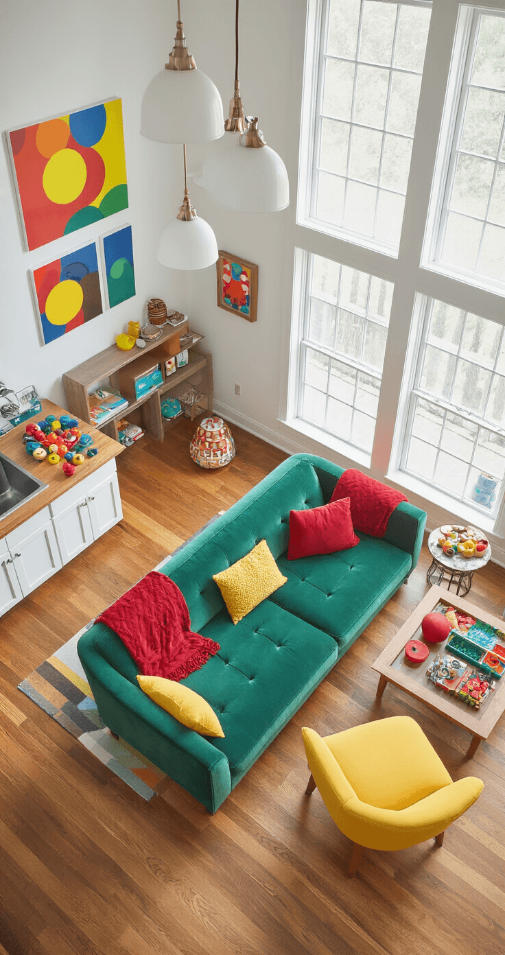 Overhead view of a vibrant open-concept living space featuring hardwood floors, an emerald velvet sofa, and colorful decorative items, illuminated by natural daylight from floor-to-ceiling windows.