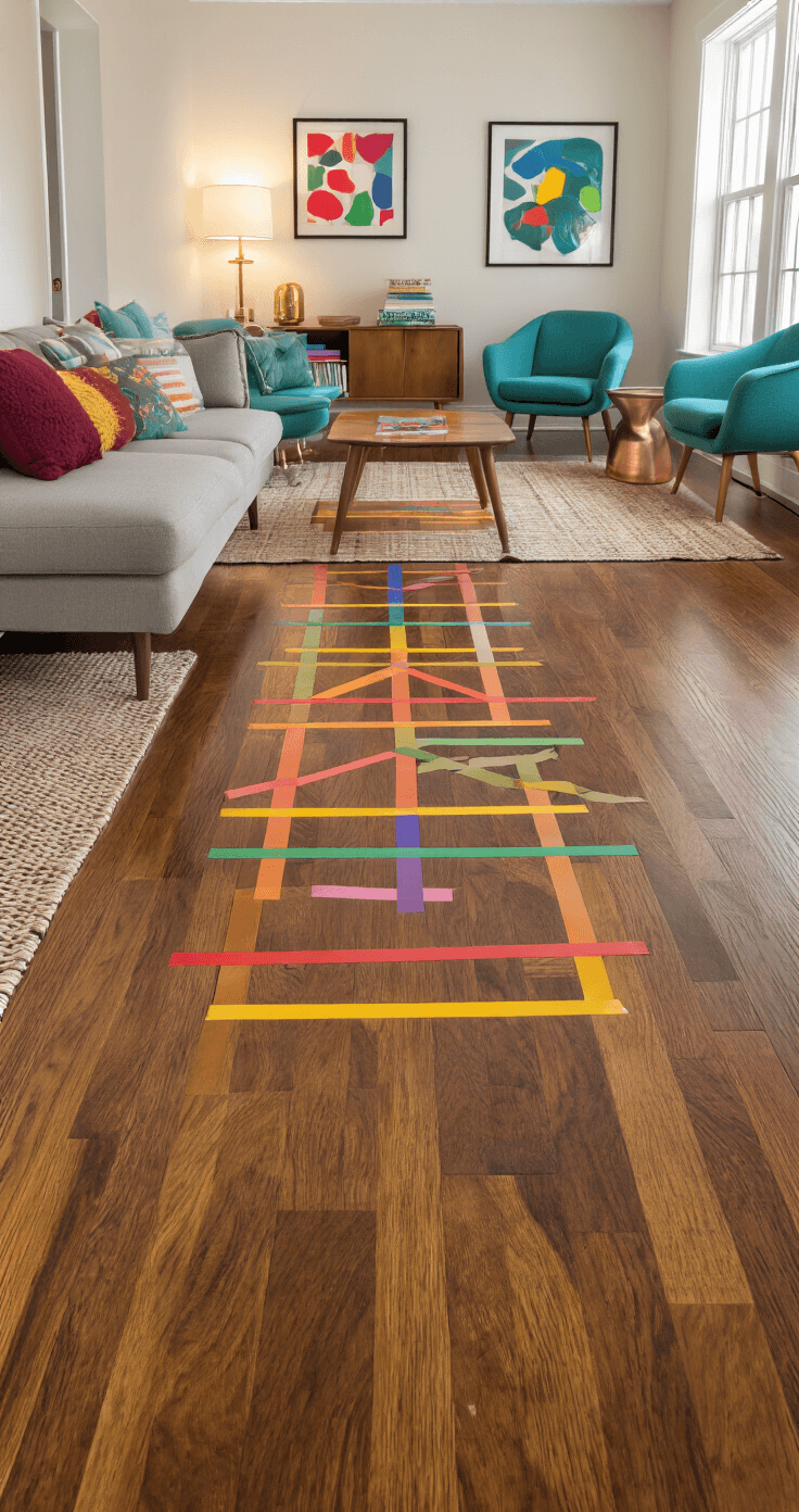 Low-angle view of a vibrant hopscotch board made from rainbow masking tape on a walnut hardwood floor, surrounded by mid-century modern furniture and teal accent chairs, with warm ambient lighting and children's artwork on the walls, capturing a playful and organized space.
