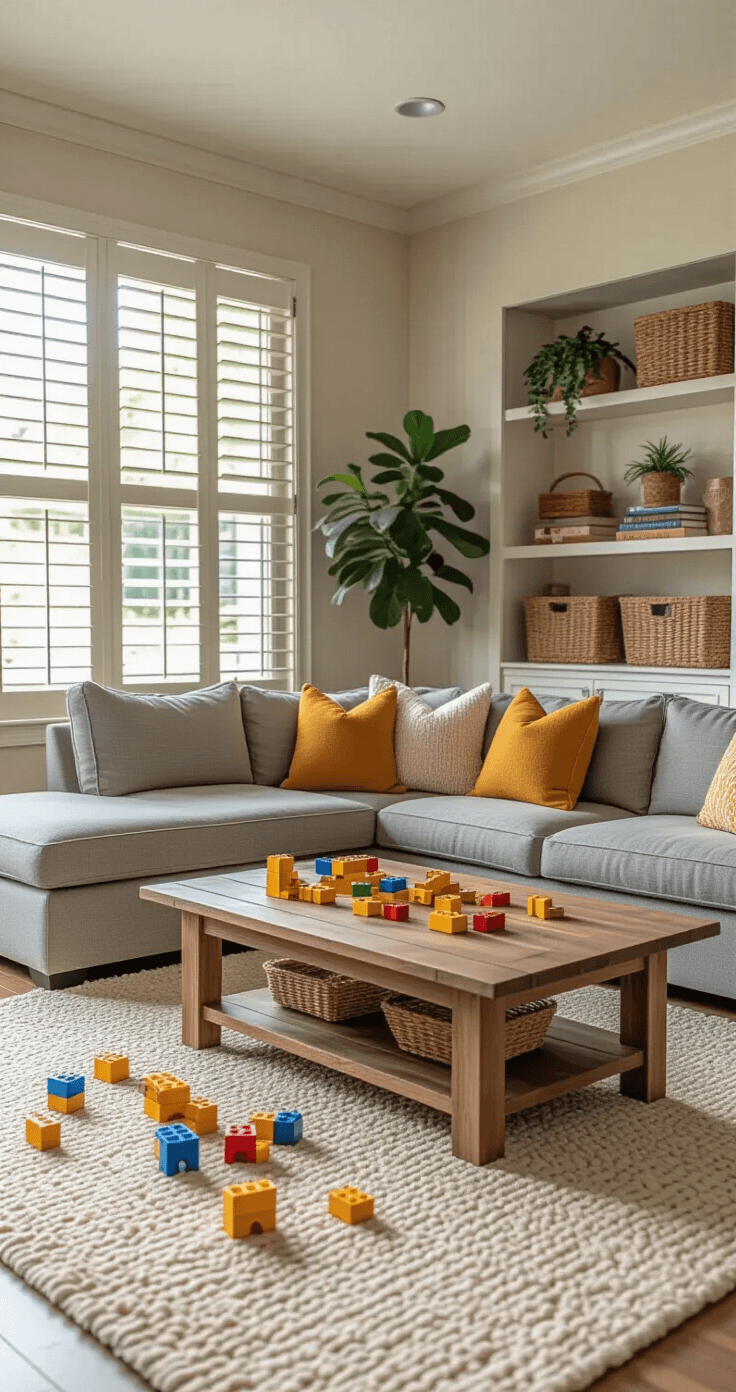 Medium shot of a cozy family room featuring a coffee table with scattered wooden building blocks, a timer, and a comfortable gray sectional with mustard accent pillows. Afternoon sunlight filters through plantation shutters, creating a warm ambiance. The room includes built-in bookshelves, potted plants, and woven baskets for storage, highlighting a creative play atmosphere with child-safe furniture.