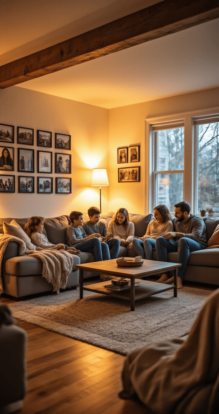 Eye-level view of a cozy living room during a charades game, with family members on a plush sectional sofa, warm lamplight, hardwood floors, and a gallery wall of family photos. A coffee table is pushed aside for a performance space, and there are soft throw blankets and a reading nook with floor cushions, illuminated by golden hour light.