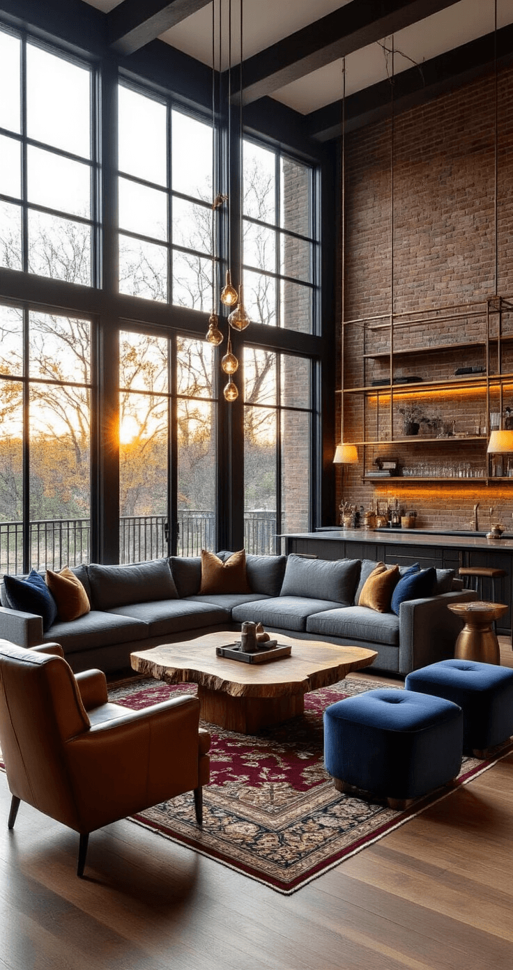 Wide-angle shot of a modern living room designed for entertaining, featuring a large sectional sofa, leather armchairs, velvet ottomans, and a custom bar cart, all illuminated by warm golden hour light through floor-to-ceiling windows.