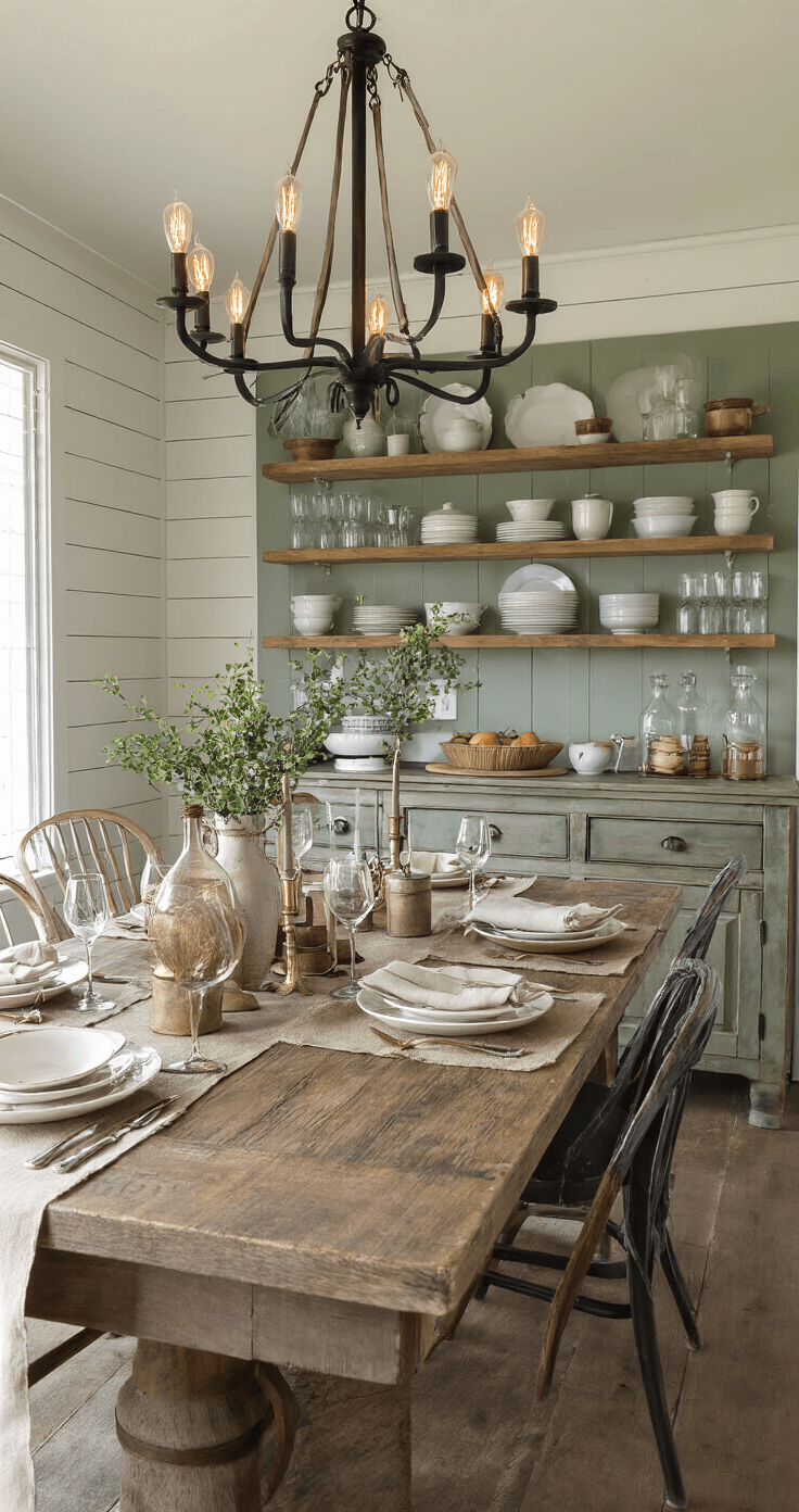 Intimate evening dining room setting with a rustic farmhouse table, mismatched vintage chairs, sage green shiplap walls, and ambient lighting from a chandelier featuring Edison bulbs, creating a warm and inviting atmosphere.