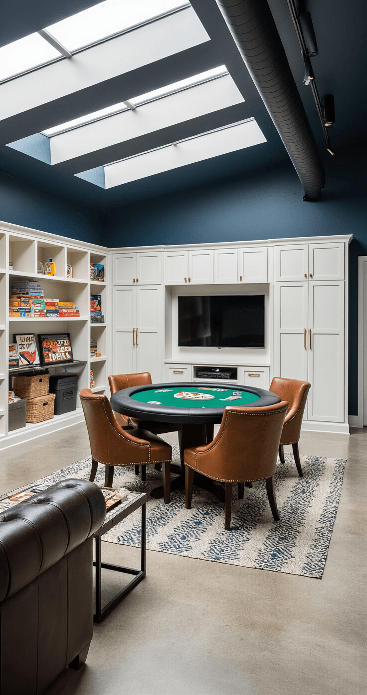 A contemporary game room bathed in natural daylight, featuring custom white oak storage, a green felt round poker table with dark leather chairs, a modular sectional, and industrial accents. The room's color palette includes navy blue, forest green, and warm brass, creating a sophisticated and playful atmosphere.
