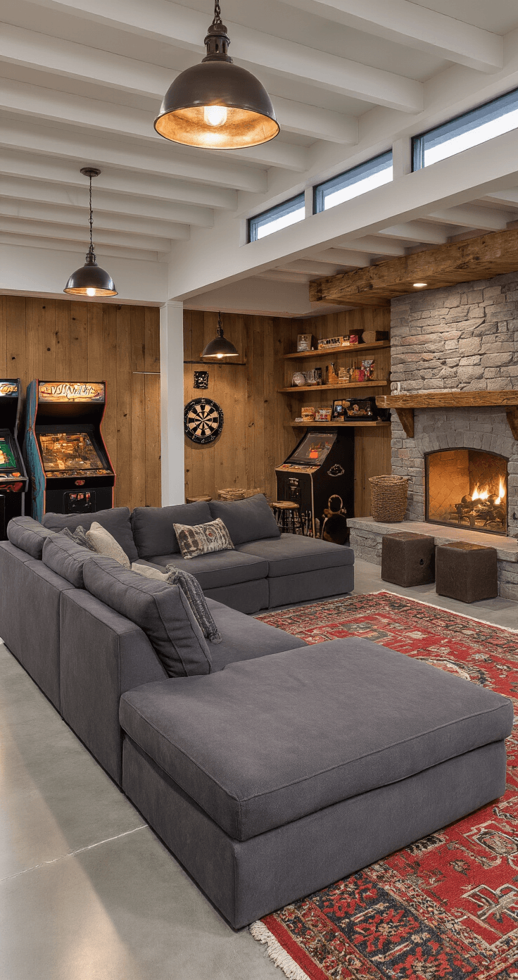 Cozy basement recreation room with low white-beamed ceilings, dark gray sectional, stone fireplace, vintage arcade games, and warm lighting, featuring polished concrete floors, area rugs, wood paneling, and industrial pendant lights.