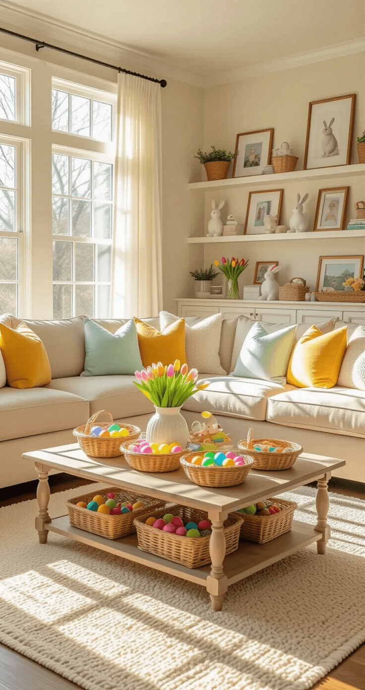Bright, festive living room with warm sunlight streaming through sheer white curtains, featuring a beige sectional sofa, colorful Easter decorations, and a cream area rug.
