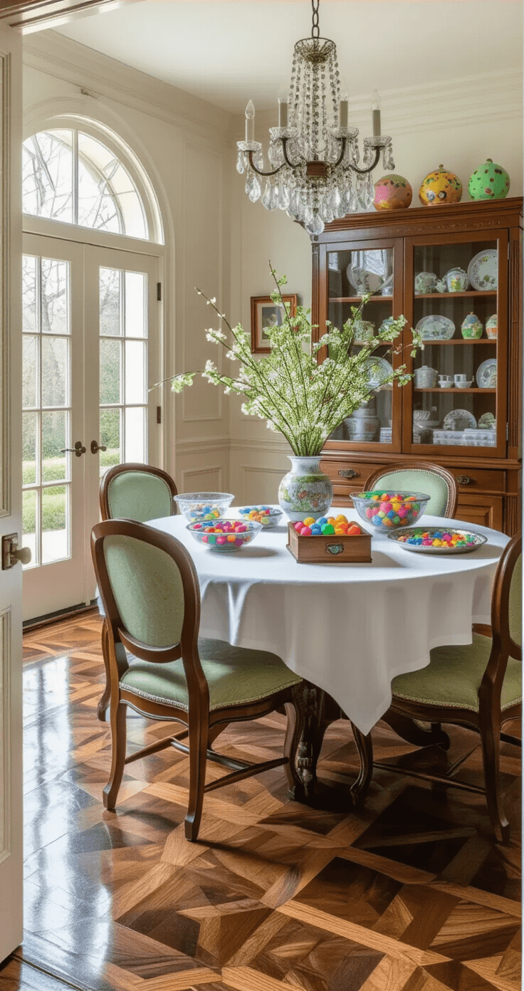 Elegant dining room reimagined as a game headquarters, featuring a formal table with game supplies, colorful jelly beans, and traditional mahogany chairs, bathed in natural light from French doors, with sophisticated pearl gray walls and white wainscoting.
