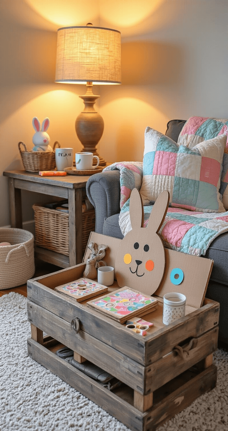 Cozy family room corner with a DIY game station, featuring a vintage wooden TV tray with handmade carnival games, a cardboard bunny target, colorful bean bags, mason jar weights, and ongoing craft projects. An oversized charcoal gray armchair with a pastel quilted throw sits beside a side table with a mug and craft supplies, illuminated by a burlap-shaded lamp. Hardwood floors and a muted geometric area rug enhance the intimate atmosphere, complemented by built-in bookshelves filled with family photos and seasonal decorations.