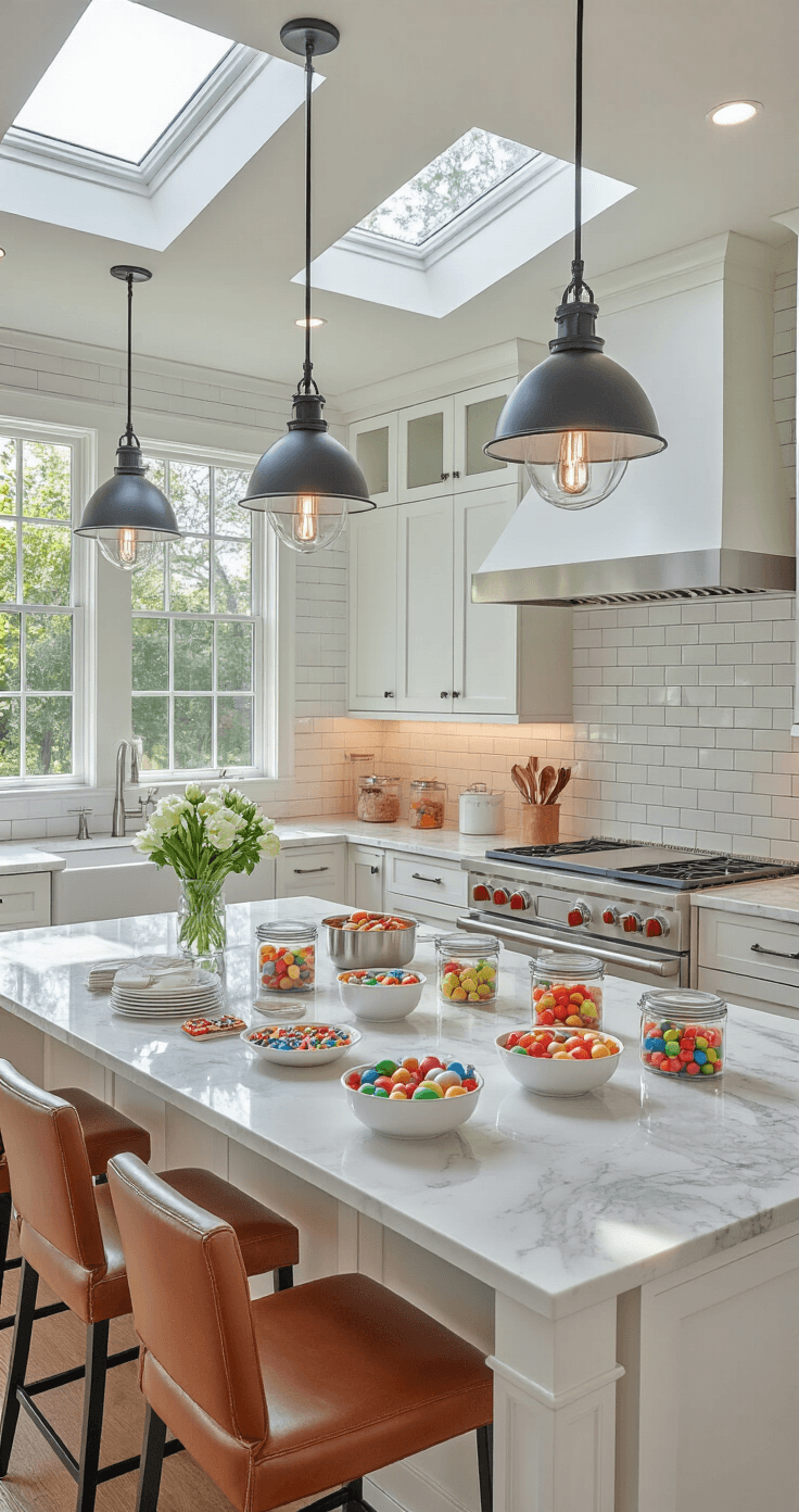 A modern kitchen island transformed into a game preparation station, featuring a white quartz countertop with gray veining, organized game supplies in matching containers, stainless steel bowls with plastic eggs, and colorful treats in glass jars, all illuminated by bright morning light from skylights above.