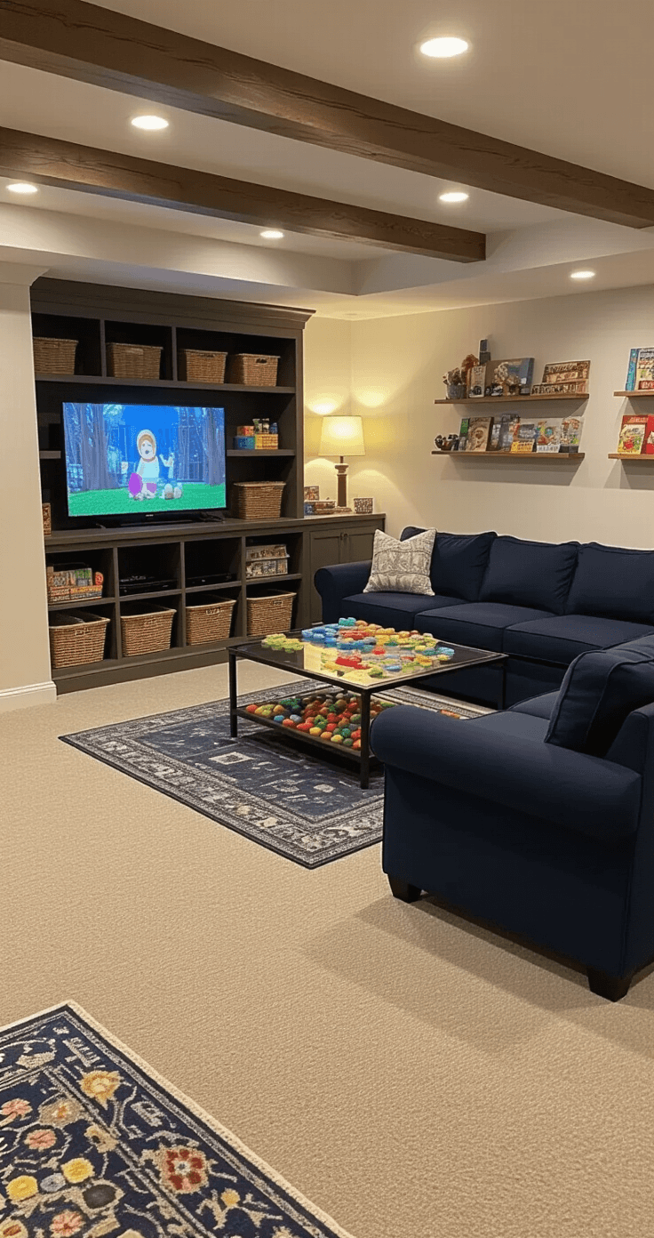 Finished basement recreation room with seating, games, and ambient lighting, featuring a modular sofa, entertainment center, and organized activity areas.