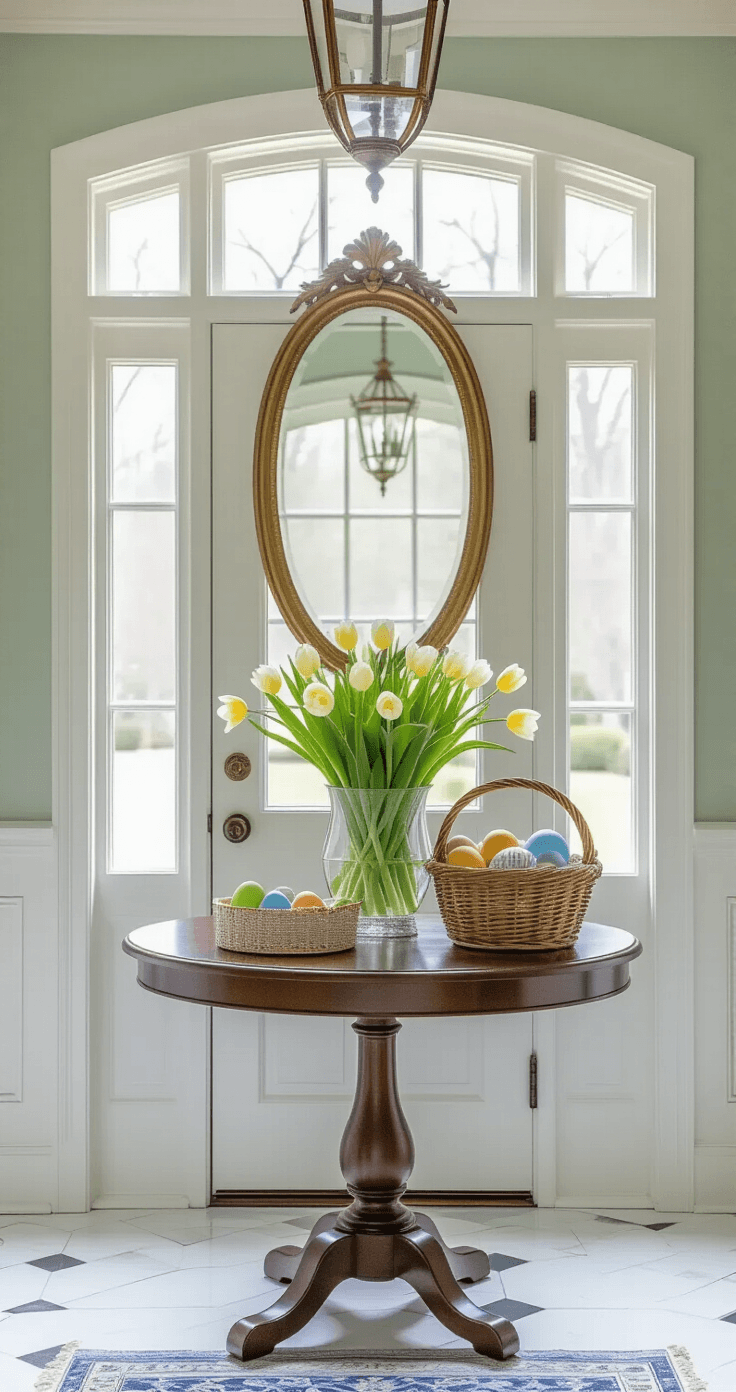 Elegant Easter-themed entryway foyer with marble tile floor, Persian runner, dark cherry pedestal table, flower arrangement, and gilded mirror, all illuminated by natural light.