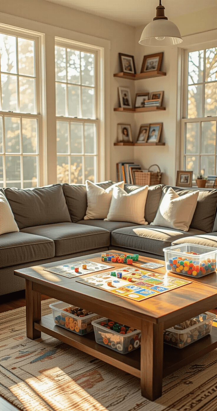 A cozy family living room with a charcoal gray sectional sofa and cream throw pillows, featuring a walnut coffee table filled with colorful homemade board game materials, craft supplies nearby, warm afternoon sunlight streaming through large windows, and built-in shelving displaying family photos and books.