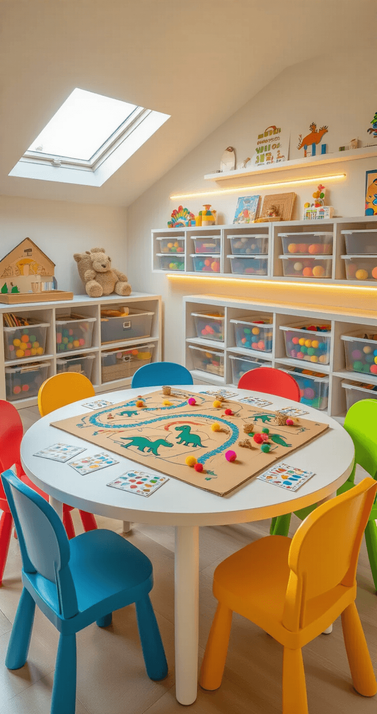 A bright children's playroom during golden hour showcases a round white table surrounded by colorful rainbow chairs, featuring a homemade dinosaur-themed board game in progress, with pom-poms as game pieces and laminated cards spread across the surface. Wall-mounted storage cubbies hold labeled containers for game-making supplies, while soft foam tiles cover the floor and natural light floods in from skylights, enhanced by warm LED lighting.