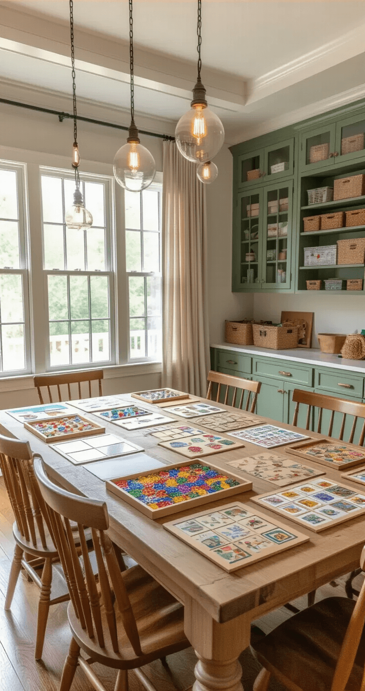 Elegant dining room transformed into a family game creation studio, featuring a large natural oak farmhouse table surrounded by Windsor chairs, displaying various homemade board games, with pendant lighting above and sage green cabinetry filled with craft supplies.