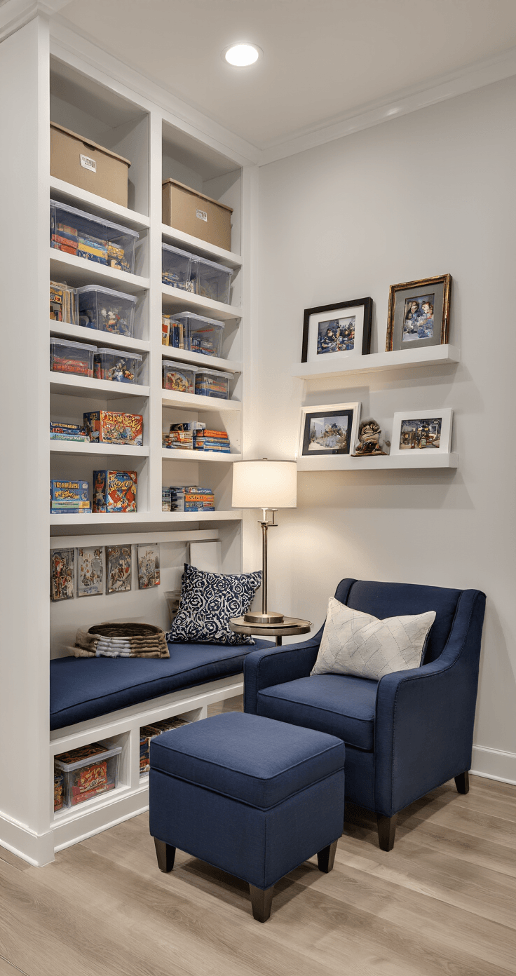 A modern family room corner featuring white built-in shelving displaying homemade and traditional board games in clear acrylic boxes, a cozy reading nook with a navy blue armchair, and framed photos of family game nights, all illuminated by recessed lighting on light oak luxury vinyl plank flooring.
