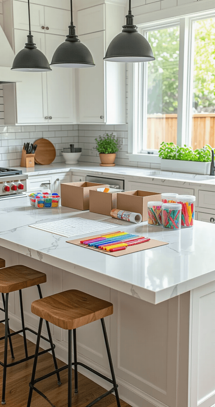A sunlit kitchen island with a white quartz countertop displaying organized game-making supplies like cardboard sheets, markers, and a cutting mat, surrounded by natural wood bar stools and pendant lights, with a view of a herb garden and bright backyard sunlight.