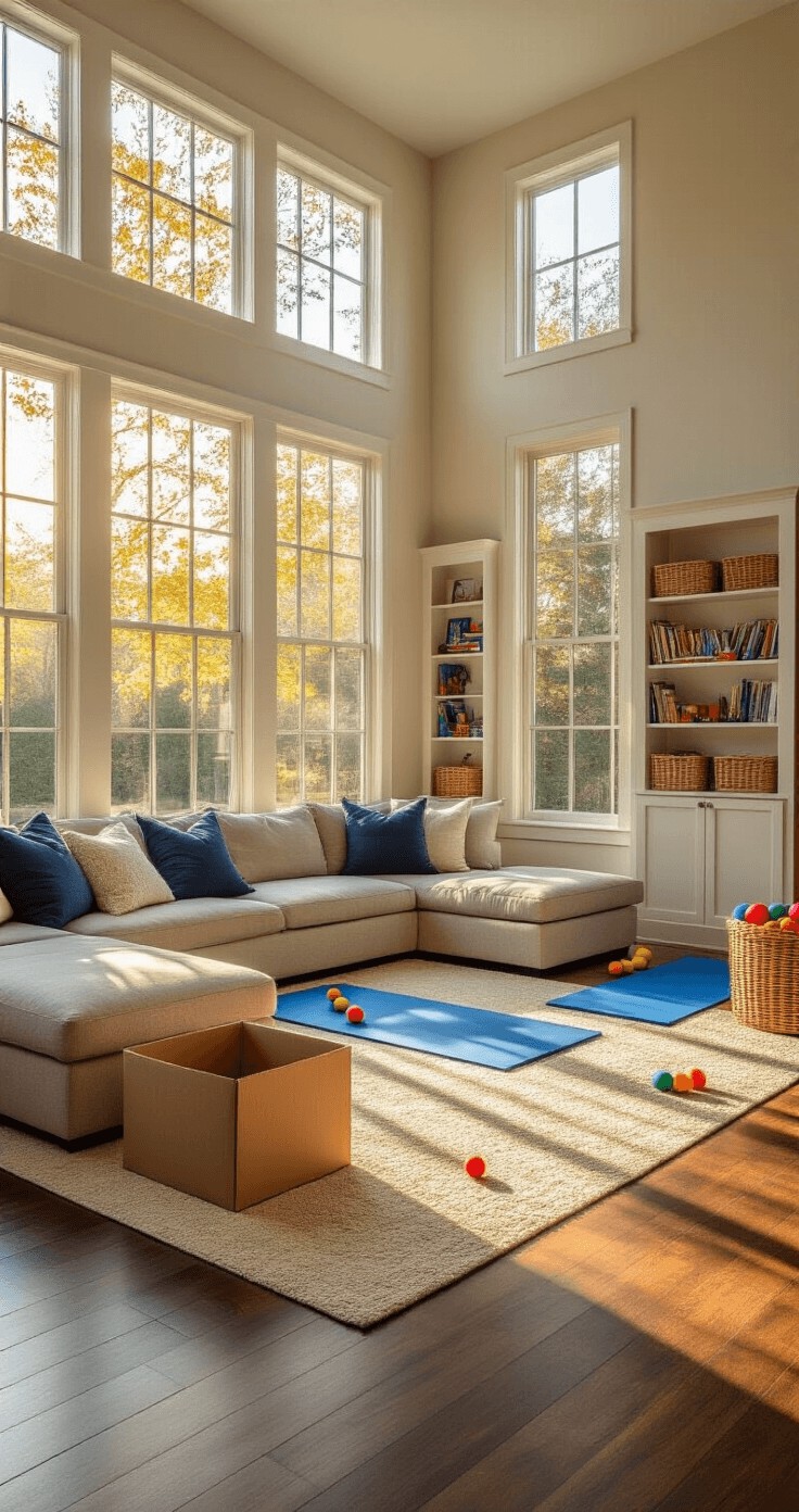 A modern living room transformed into an obstacle course playground, featuring a sectional sofa, colorful yoga mats, painter's tape balance beams, and cardboard crawl tunnels, all bathed in warm golden hour sunlight.