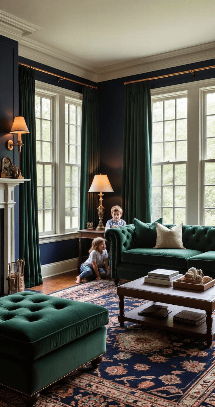 A traditional family room with rich navy accent walls and warm ambient lighting, featuring children hiding behind floor-length curtains and furniture like an oversized ottoman and window seat. The decor includes an emerald green tufted velvet sofa, a Persian-style rug in deep jewel tones, and warm brass lighting accents, all set in an elegantly styled, family-friendly space.