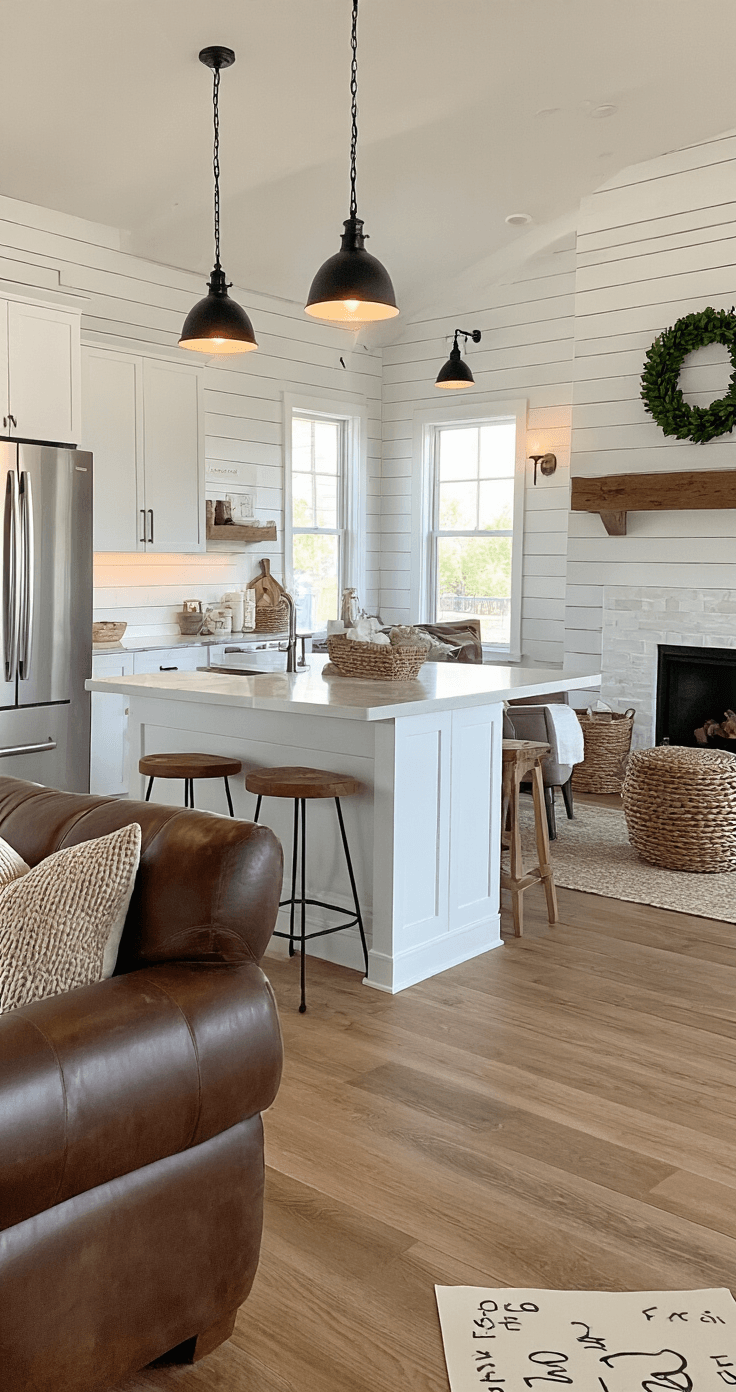 Open concept kitchen and living area with warm lighting, featuring a modern farmhouse design, handwritten treasure hunt clues placed around, quartz countertops, shiplap walls, and cozy seating near a stone fireplace.