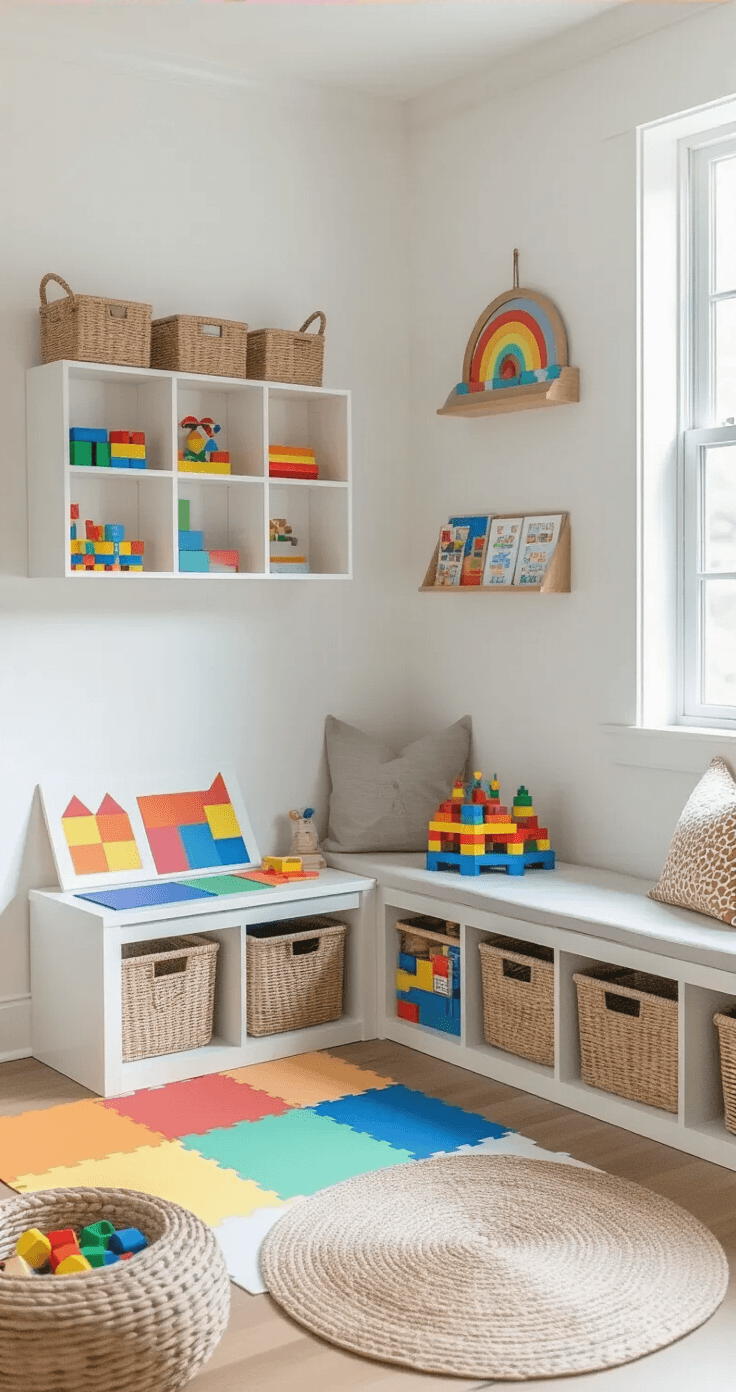Compact playroom corner with a building station, featuring colorful construction paper on a low white table, foam floor tiles, organized craft supplies in wall-mounted cubbies, and a Scandinavian-inspired design with pops of primary colors and natural textures, captured in bright lighting from a child-height perspective.