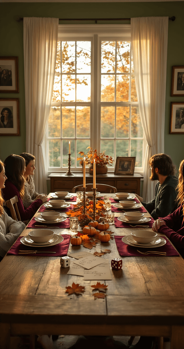 A cozy dining room set for Thanksgiving with a rustic oak table, burgundy placemats, cream ceramic plates, and brass candlesticks. Soft autumn sunlight filters through sheer curtains, illuminating guests engaged in conversation amidst colorful dice and gratitude cards. Warm sage green walls adorned with family photos complete the inviting atmosphere.