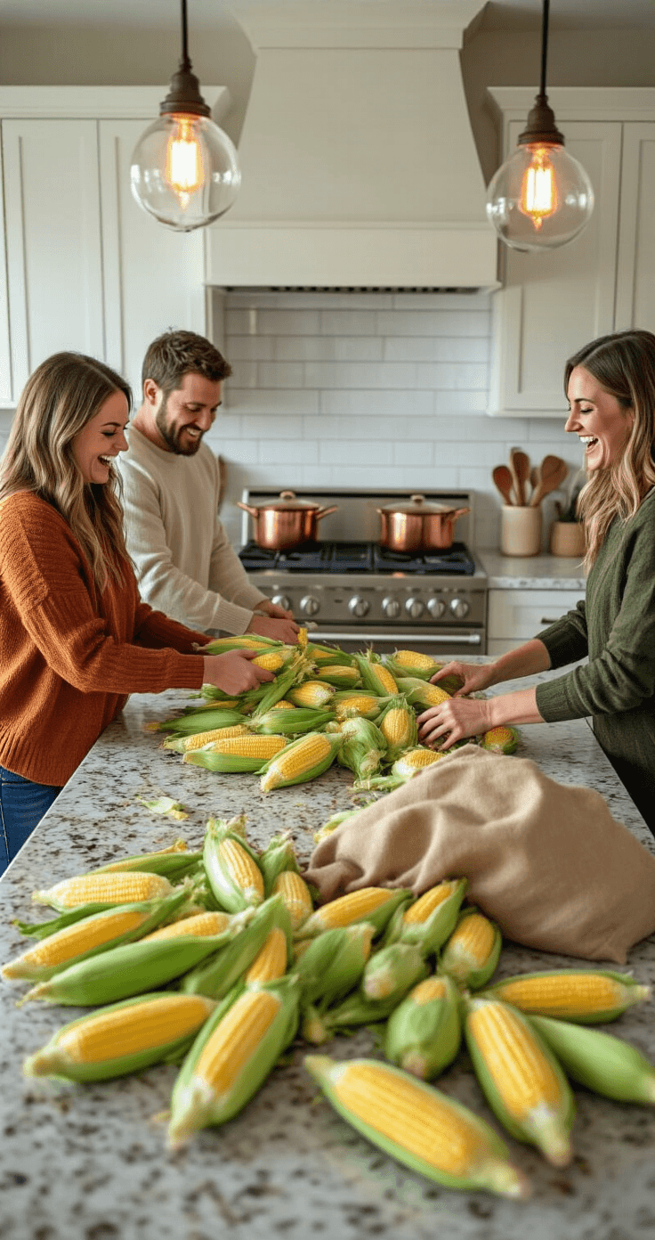 Photorealistic kitchen scene featuring adults in casual fall sweaters engaged in a lively corn shucking competition around a granite-topped island, with fresh corn and a burlap sack for husks, warm Edison bulb lighting, and a professional gas range in the background.