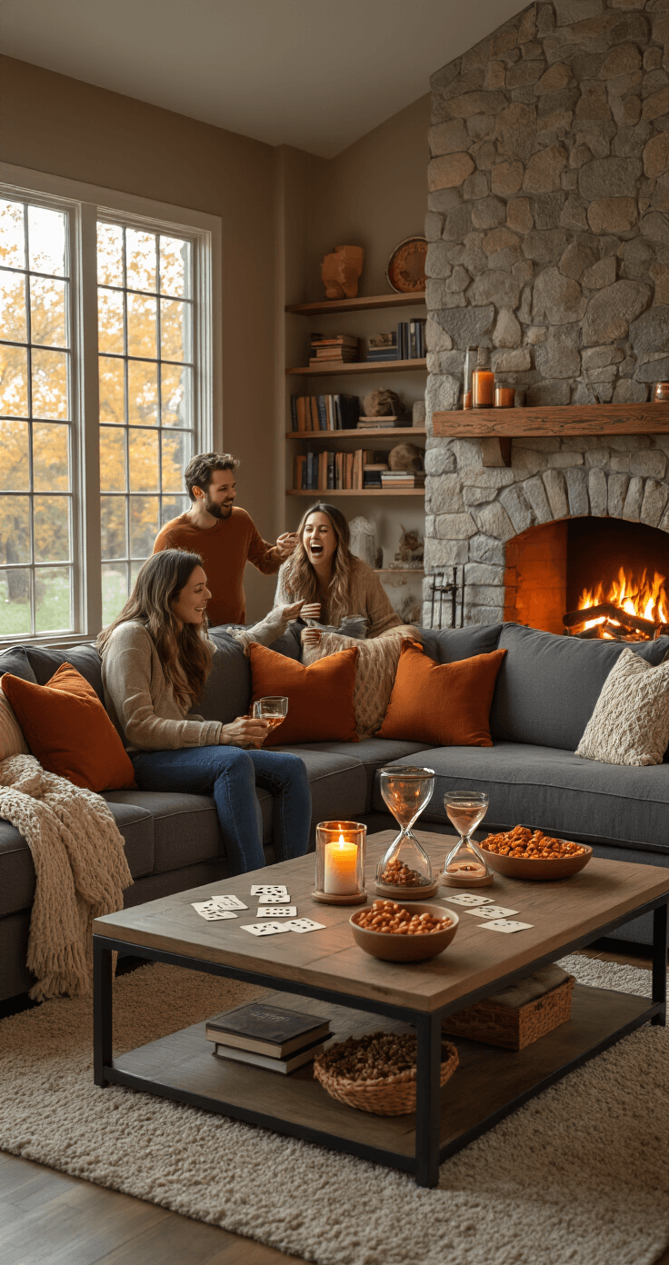 Photorealistic living room scene during evening hours, adults playing Thanksgiving charades around a coffee table with a stone fireplace and warm taupe walls, featuring a large sectional sofa with burnt orange and cream pillows, candles, and laughter, captured from a low angle.