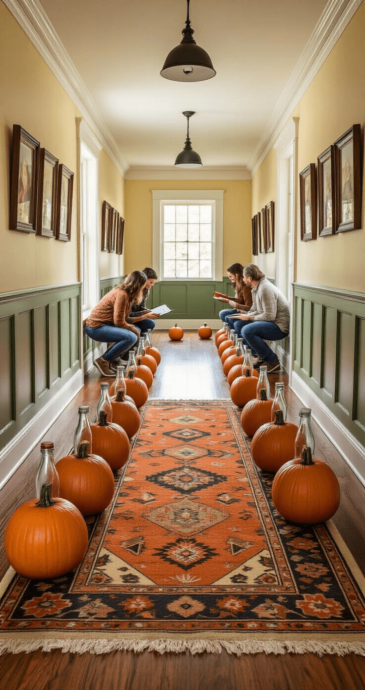 A photorealistic hallway transformed into an indoor pumpkin bowling alley, featuring glass bottles as turkey pins and decorative pumpkins as bowling balls, with adults cheering from the sidelines, surrounded by family photos and warm afternoon light.