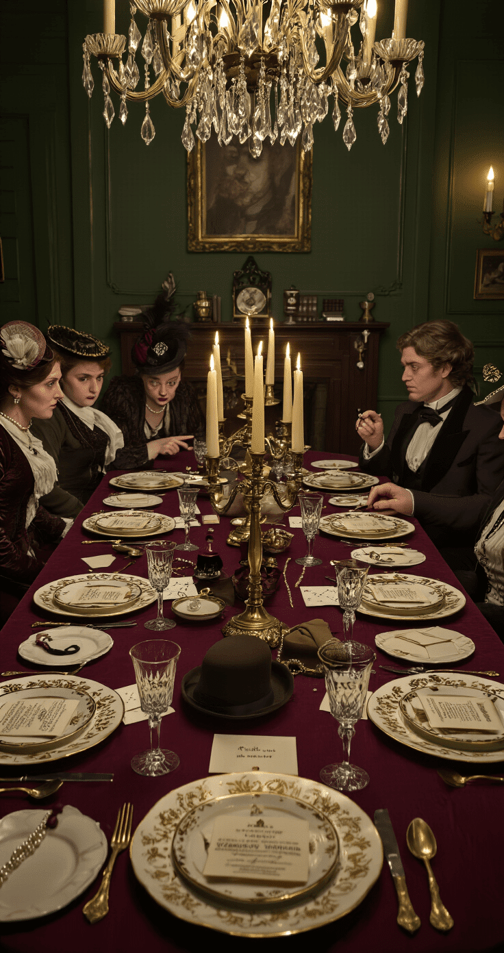 A photorealistic dining room setup for a murder mystery dinner party, featuring a burgundy tablecloth, vintage china, character cards, and costume accessories. Adults in period costumes lean over the table, engaging in discussion, with candelabras and a chandelier providing dramatic lighting. Dark green walls adorned with gold-framed paintings and rich centerpieces complete the elegant scene.