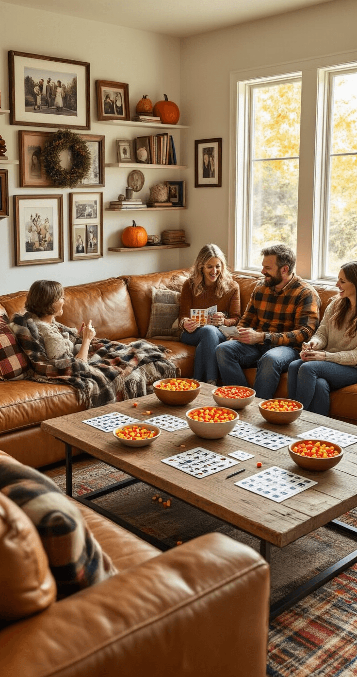 A cozy family room during golden hour with a Thanksgiving bingo game in progress, featuring a large sectional sofa, rustic coffee table adorned with bingo cards and candy corn markers, and family members enjoying the game surrounded by warm lighting and seasonal decor.