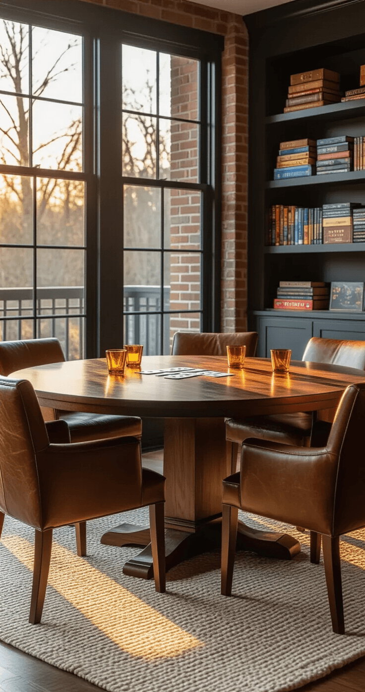 Modern game room with warm amber light at golden hour, featuring a walnut dining table surrounded by leather chairs, scattered playing cards, and amber glass tumblers. Charcoal gray shelving displays vintage games and books against a textured cream rug and exposed brick wall, captured from a slight overhead angle.