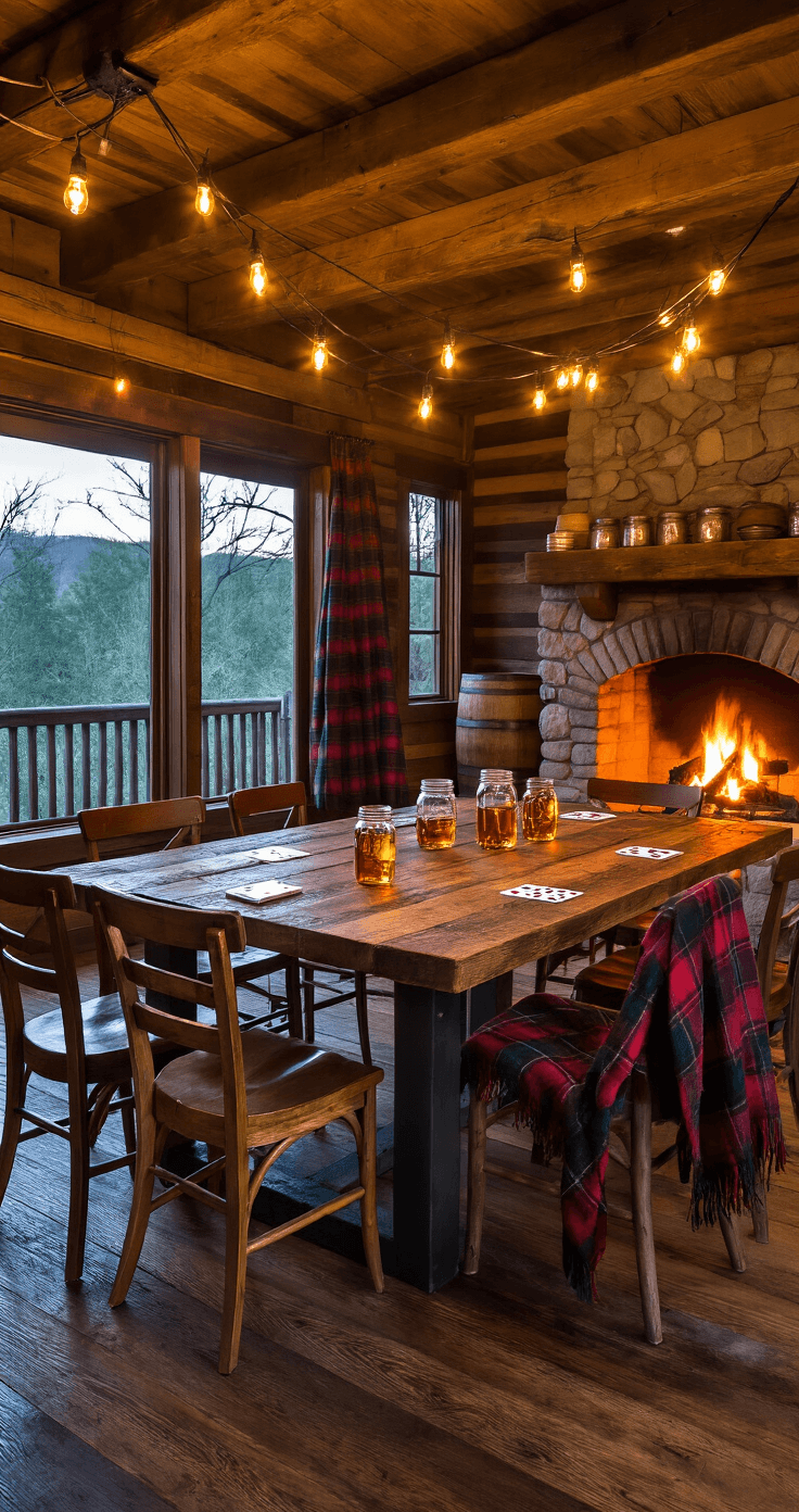 Cozy rustic cabin game room lit by evening lamplight, featuring a reclaimed barnwood dining table with industrial legs, mismatched vintage chairs, playing cards, and mason jar drinks, with a blazing stone fireplace and warm string lights creating an inviting atmosphere.