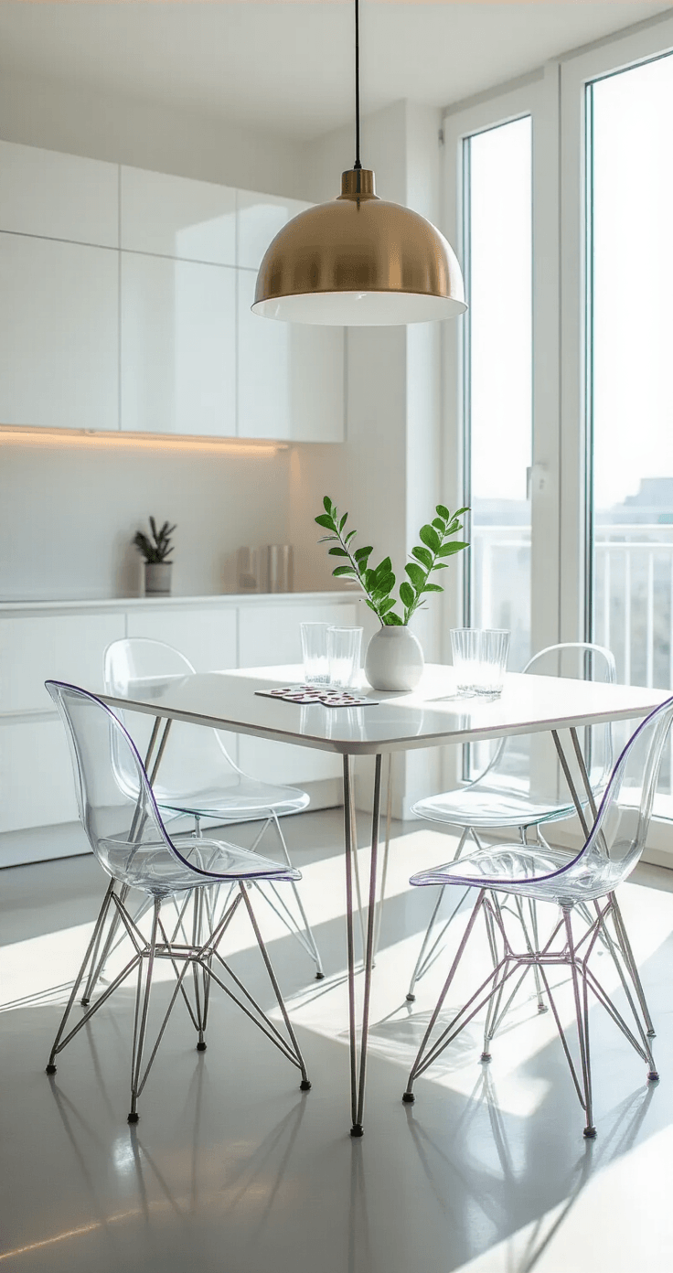 A sleek minimalist apartment featuring a white lacquered dining table with hairpin legs and transparent acrylic chairs, illuminated by bright natural light through floor-to-ceiling windows, polished concrete floors, and a single green plant in a ceramic planter, creating a sophisticated modern space.